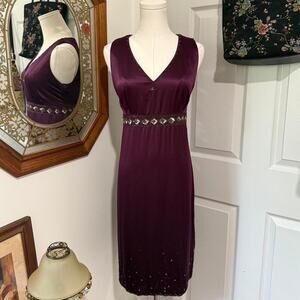 Muse Dark Plum Purple & Copper Beaded Sequin Silk Fitted Sheath Midi Dress 10/M